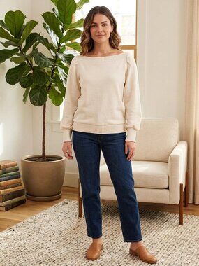 LOFT Versa cropped boatneck blouson sweater small ribbed normcore minimalist
